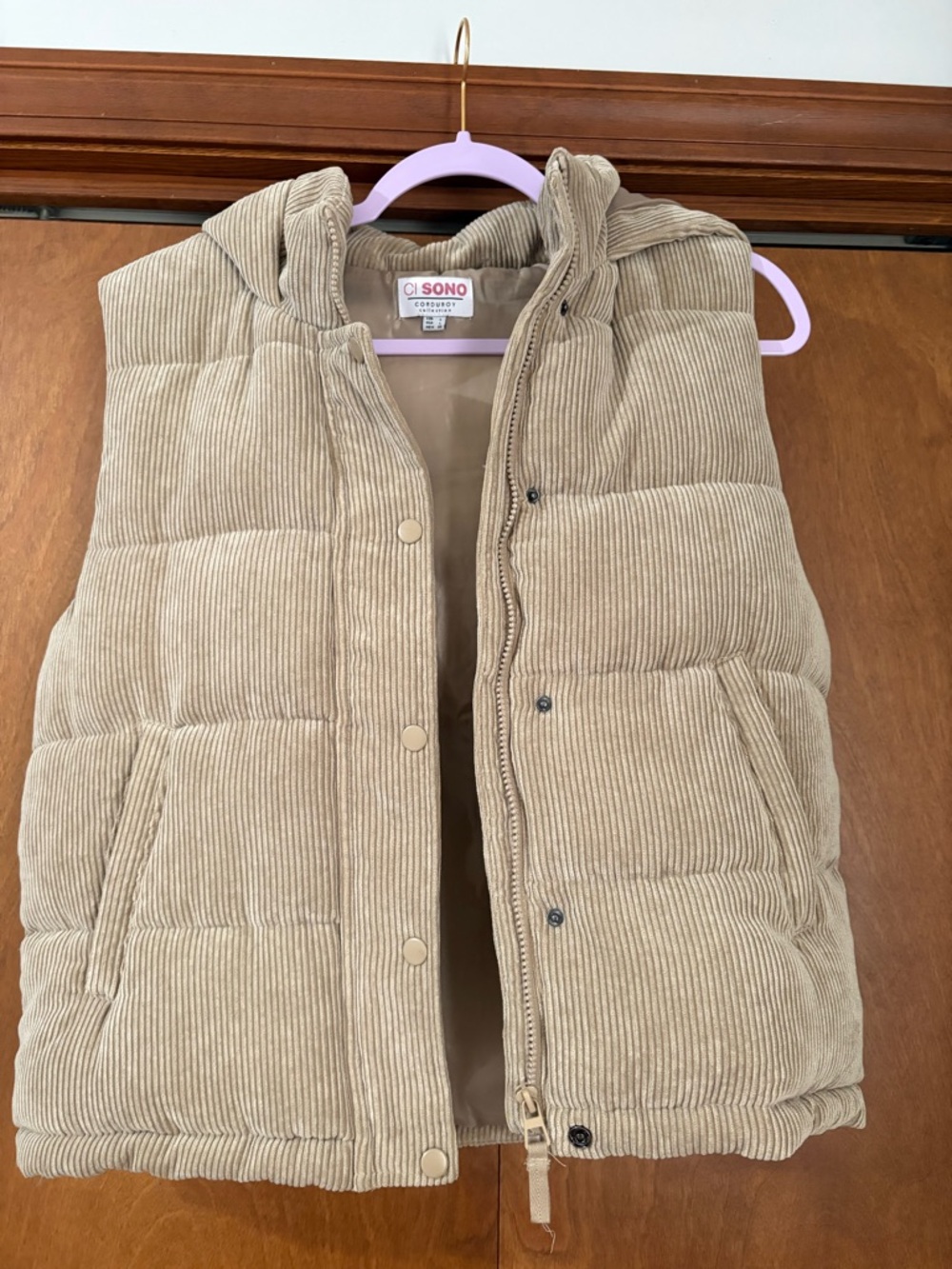 Ci Sono Corduroy Jacket in Beige with Pink Logo Detail